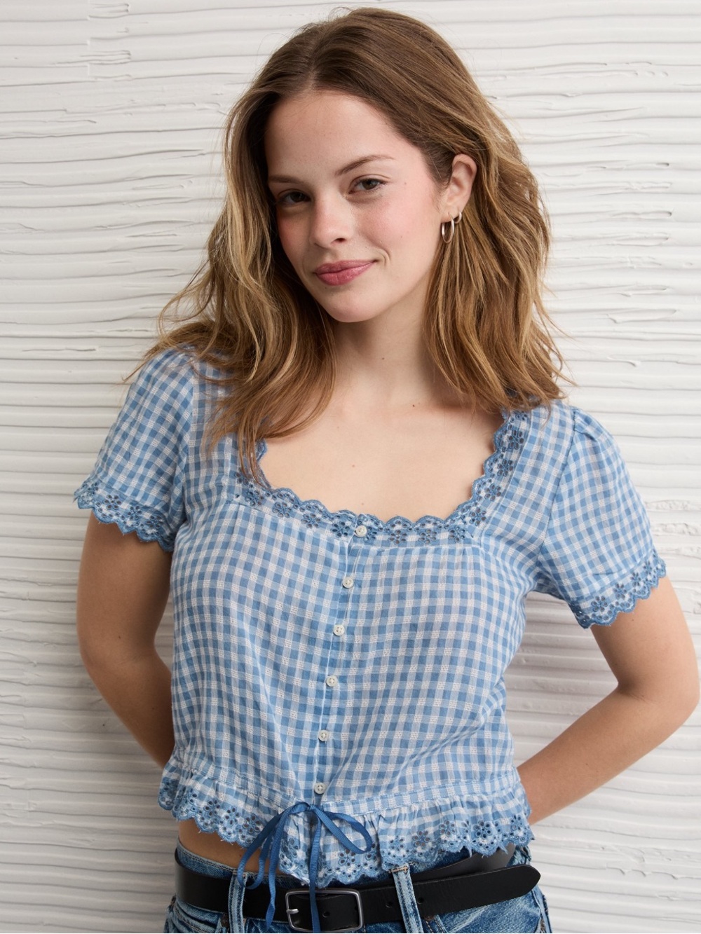 American Eagle Blue Gingham Lace-Trim Button Front Top